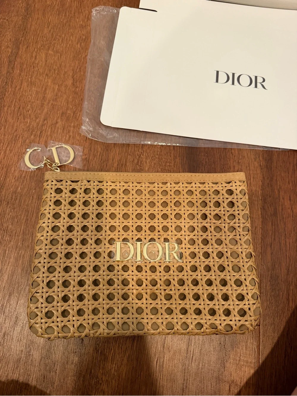 Dior Woven Rattan Pouch in Natural with Gold Logo with Dior Prestige set